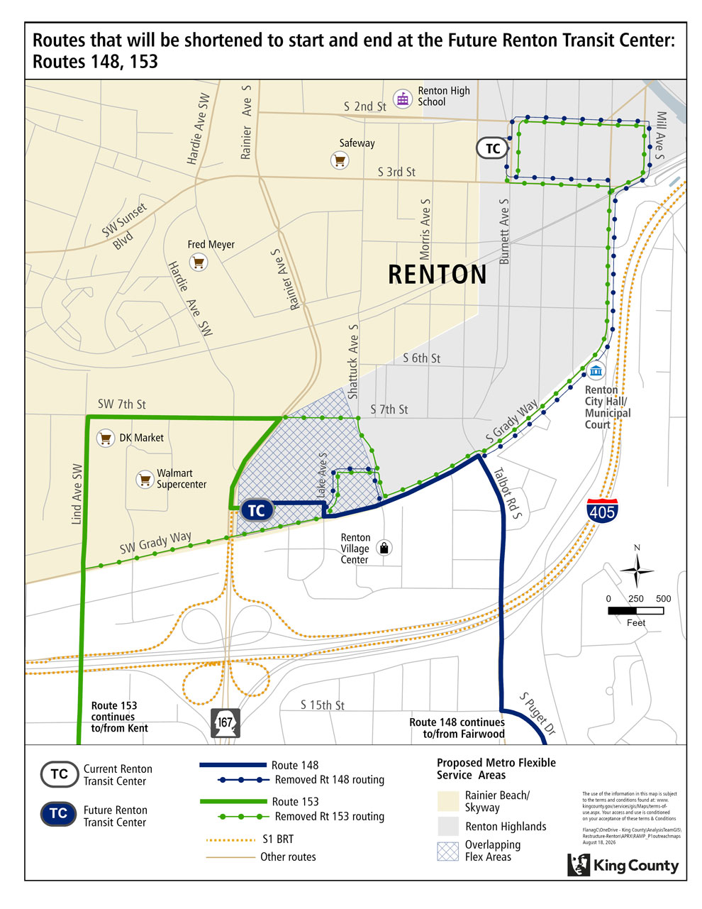 Map of proposed changes for routes that will be shortened to start and end at the future Renton Transit Center