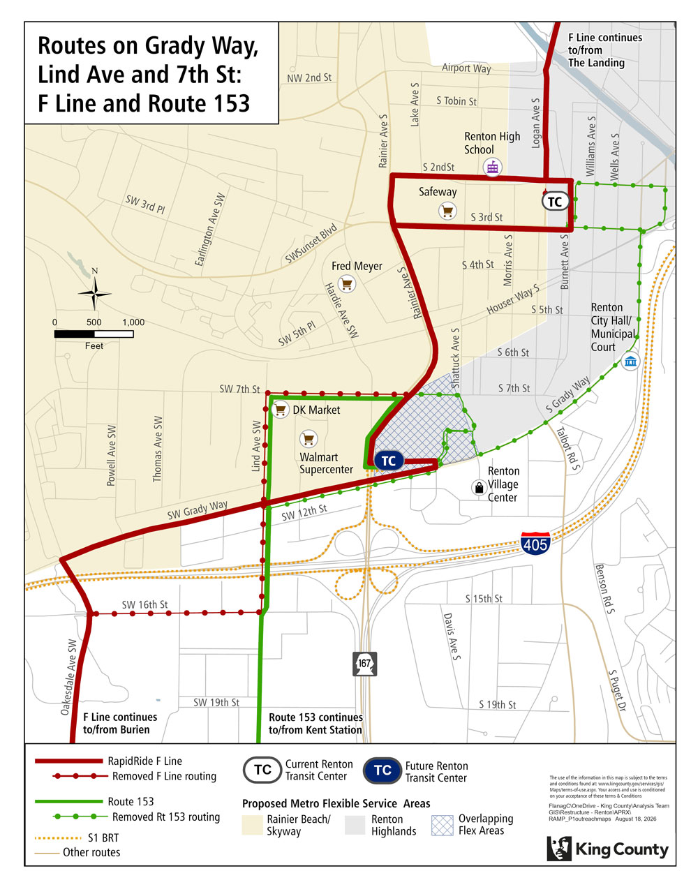 Map of proposed changes for routes on Grady Way, Lind Ave and 7th St