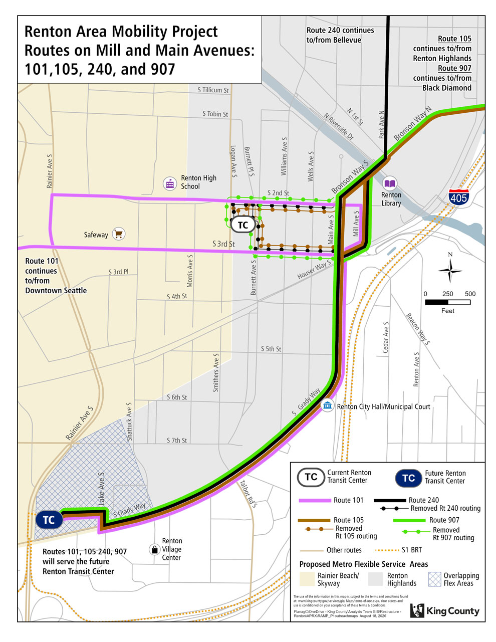 Map of proposed changes for routes on Main and Mill Ave