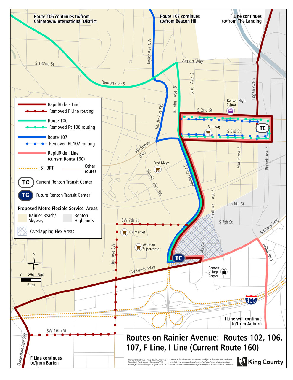 Map of proposed changes for routes on Rainier Ave