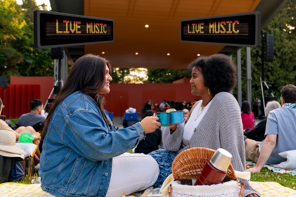 Two young adults enjoy a picnic while watching a chamber music concert in the park.