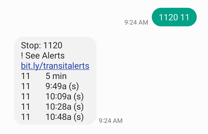 TEXT 1120 for the next departures at stop number 1120 on westbound Pine Street just west of 4th Ave in downtown Seattle.