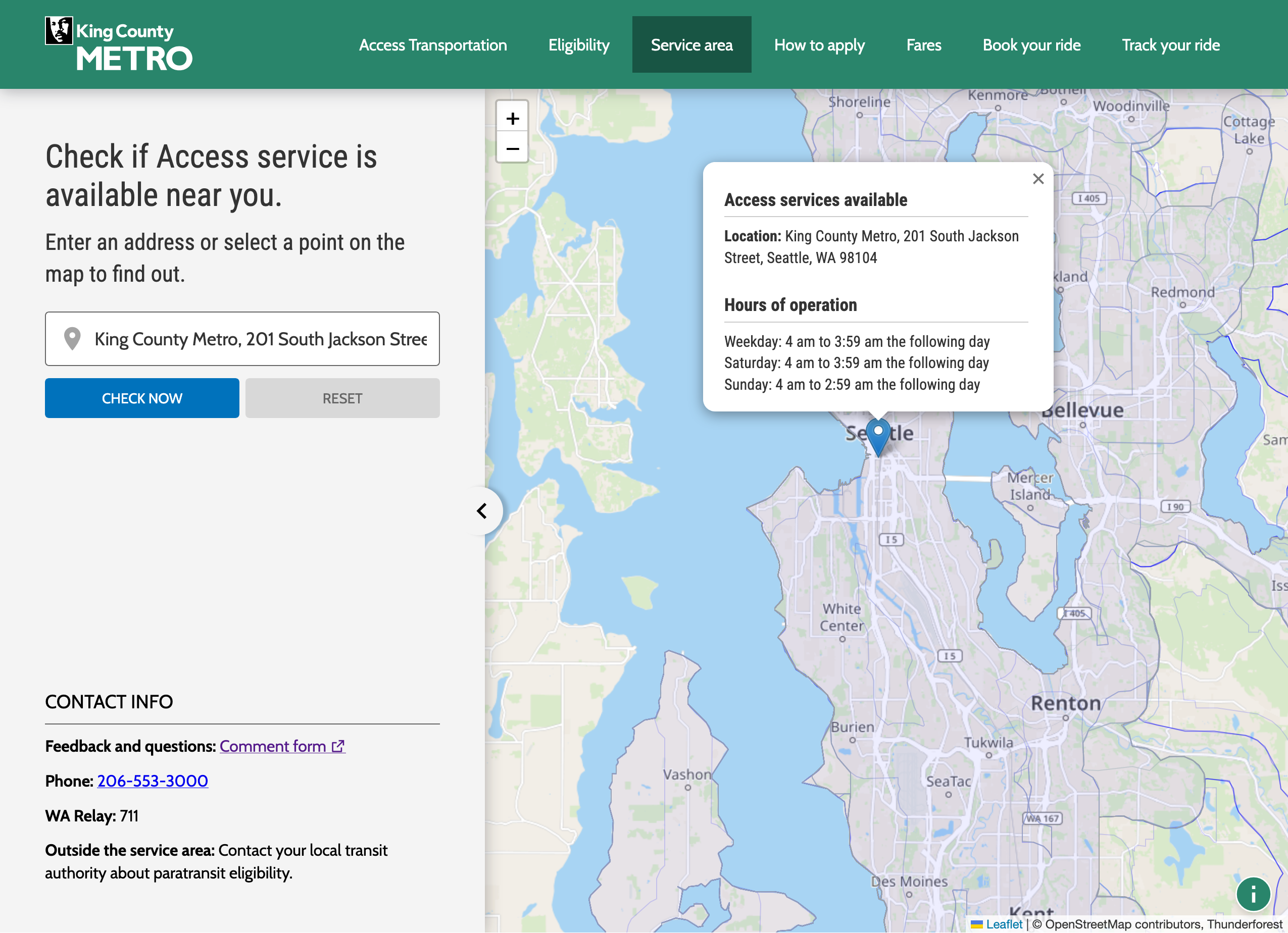 Screen shot of Access service area map