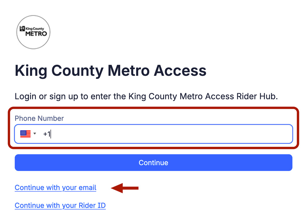 Access login screen showing the phone number field and links for 'Continue with your email' and 'Continue with your Rider ID'.