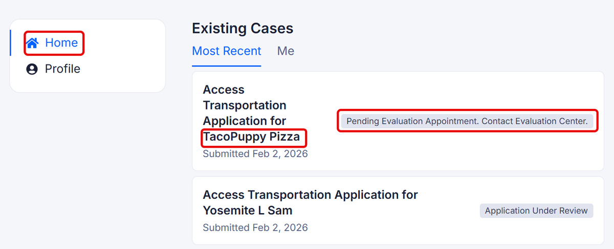 Home screen showing a list of existing Access Transportation applications with their current status.