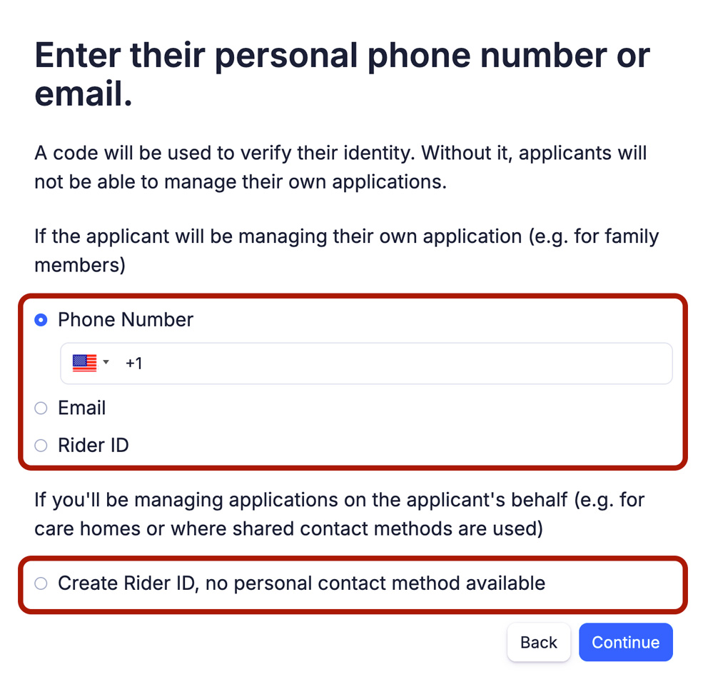 Screen for entering the applicant’s personal phone number or email address, with options to use phone, email, Rider ID, or create a Rider ID without a personal contact method.