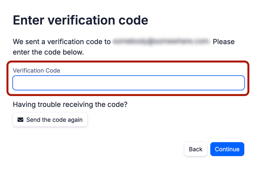Verification code entry screen showing the Verification Code field and the continue button.