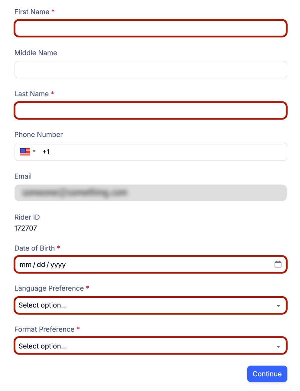Profile creation screen showing required fields marked with an asterisk, including Date of Birth, Language Preference and Format Preference.