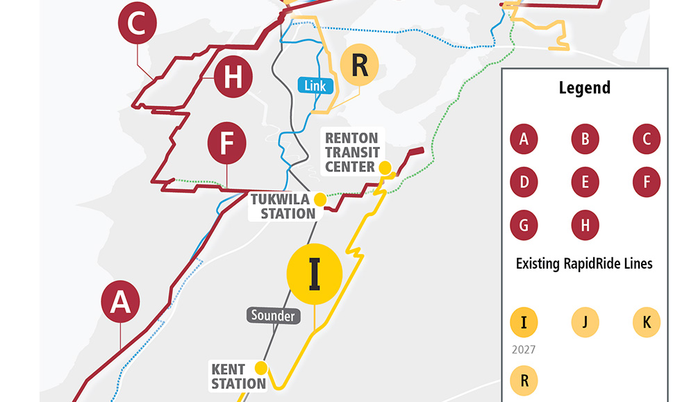 Image of RapidRide network showing all of the RapidRide lines, including connections to Link, Sounder and Stride.