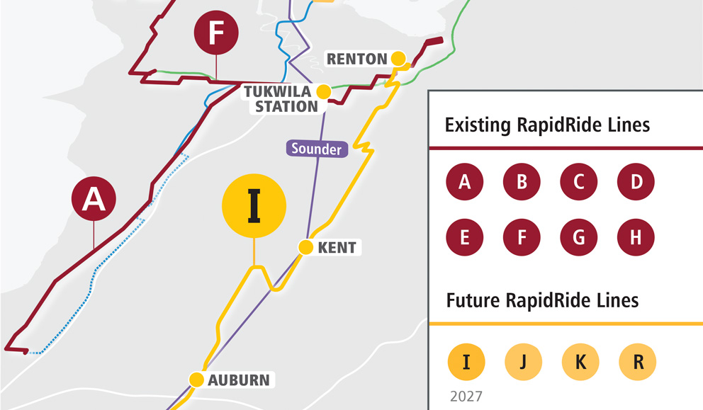 Image of RapidRide network showing all of the RapidRide lines, including connections to Link, Sounder and Stride.