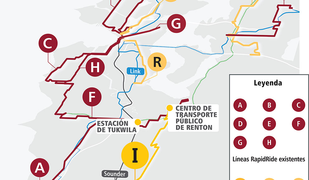 Imagen de la red de RapidRide que muestra todas las líneas de RapidRide, incluidas las conexiones a Link, Sounder y Stride.