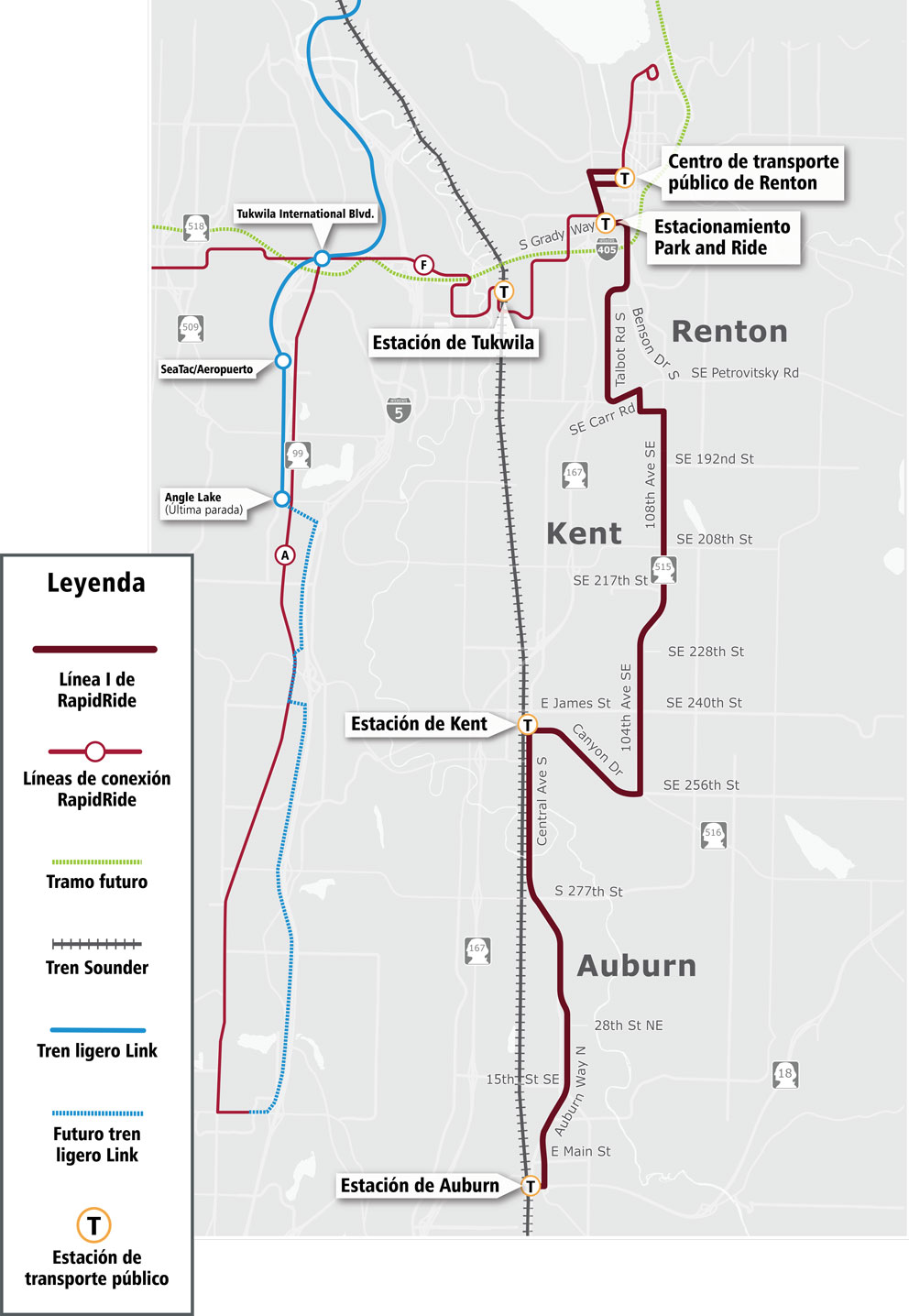 Mapa de ruta de la línea I de RapidRide