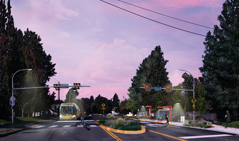 Rendering of a RapidRide I Line station with enhanced pedestrian crossing, ADA-accessible curb ramps and safety lighting at dusk. 