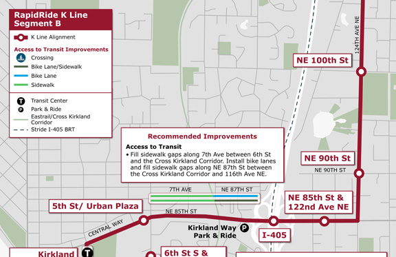 Segment B: Recommended route section showing the various Access to Transit Improvement Areas
