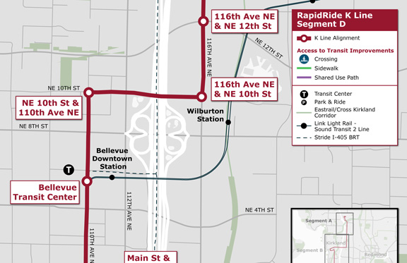 Segment D: Recommended route section showing the various Access to Transit Improvement Areas