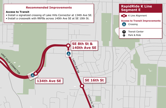 Segment E: Recommended route section showing the various Access to Transit Improvement Areas