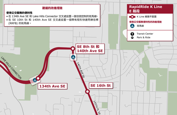 E 展示不同的公交服務可達性改進區域的建議線路部分