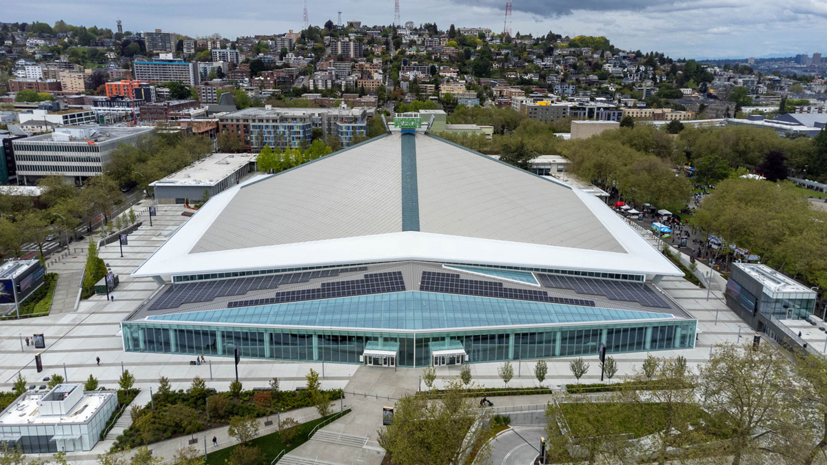 Exterior view of Climate Pledge Arena from the north side