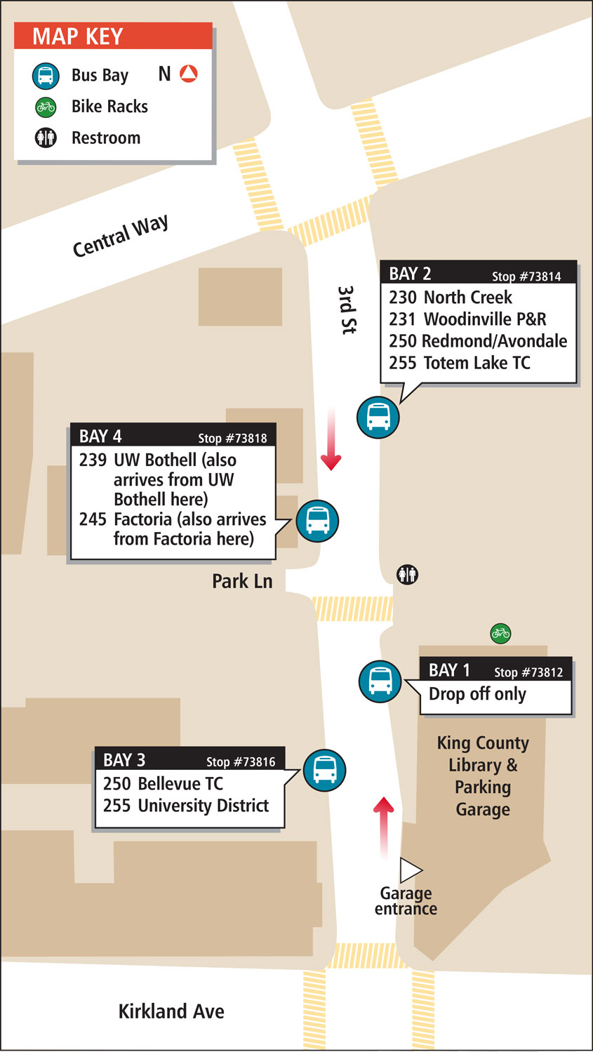 Map showing Kirkland Transit Center boarding locations