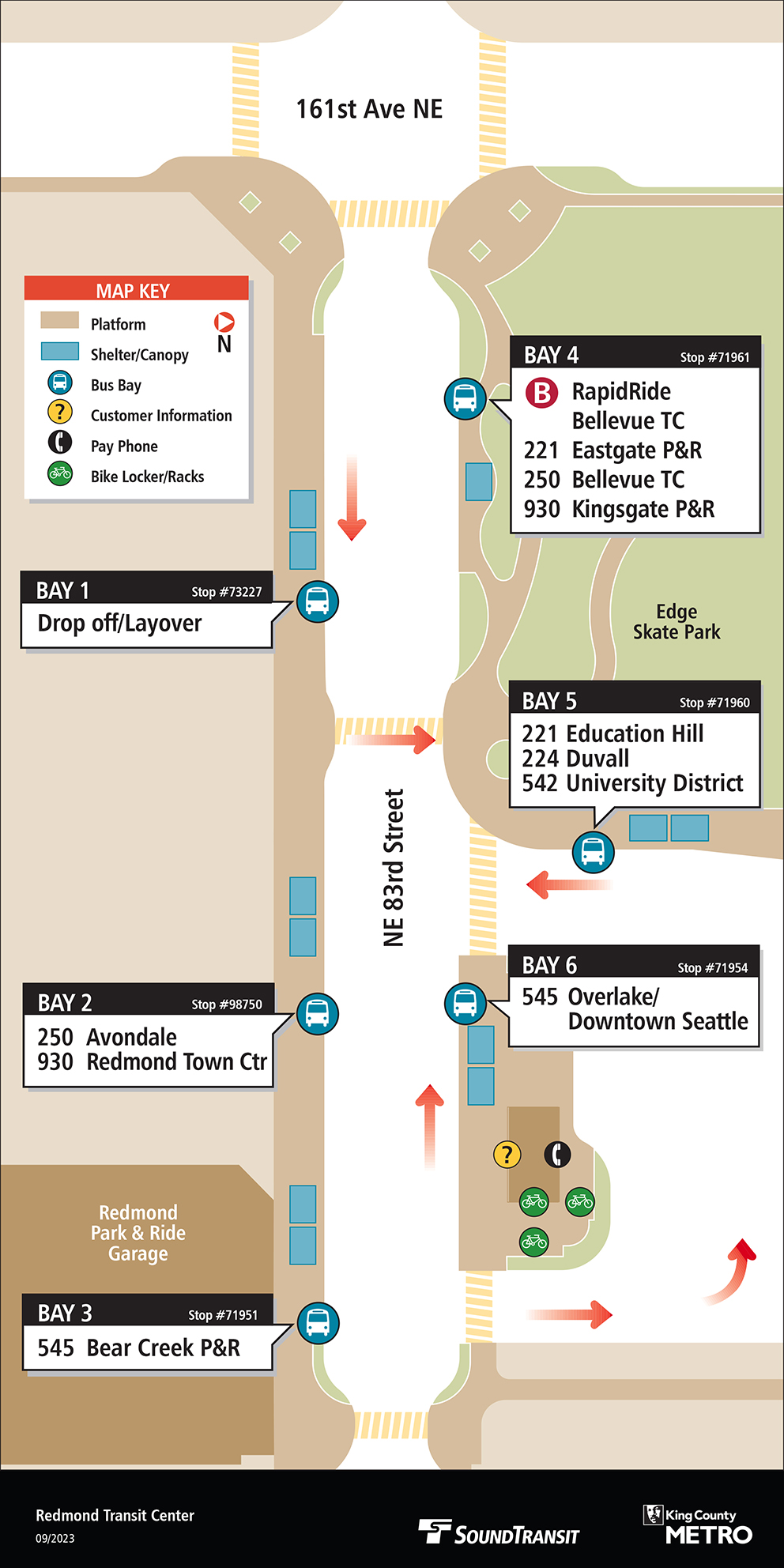 Map showing Redmond Transit Center boarding locations