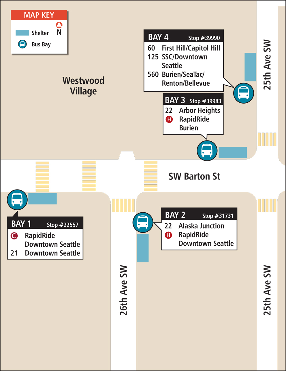 Map showing Westwood Village boarding locations