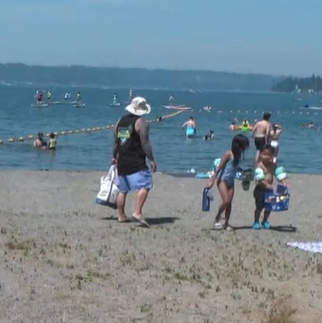 Family on beach by lake