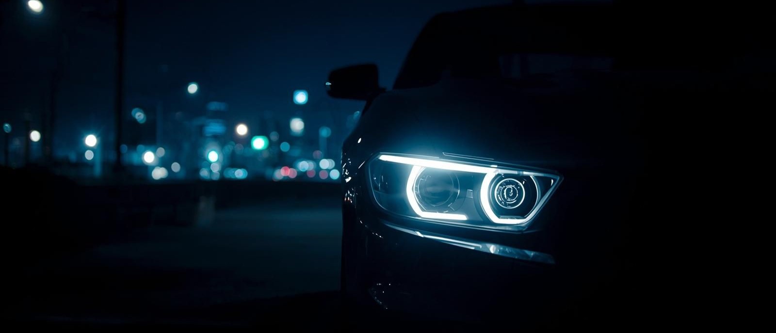 Close up of headlight in the dark