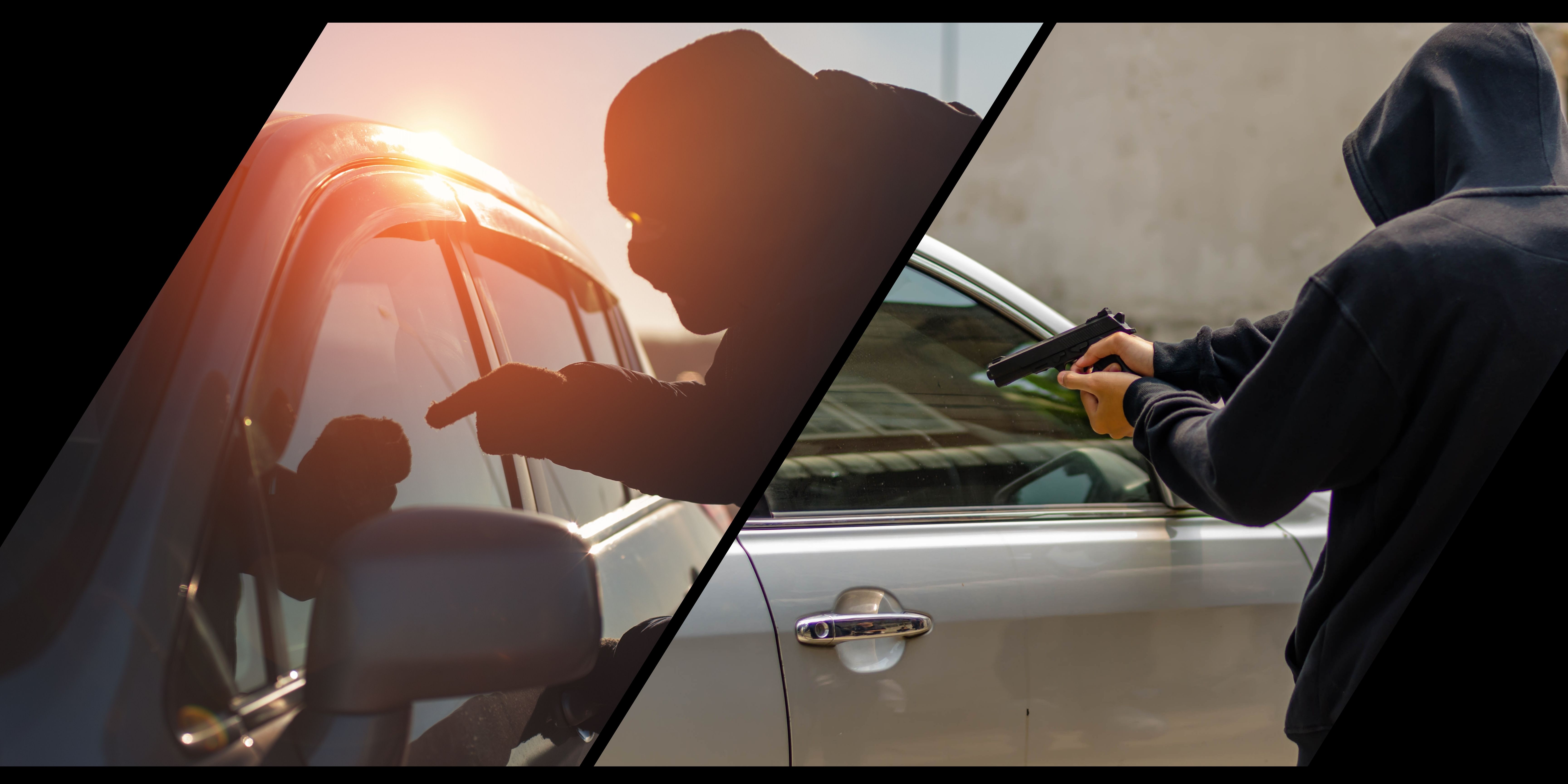 collage of 2 photos both of person pointing gun at driver window of car