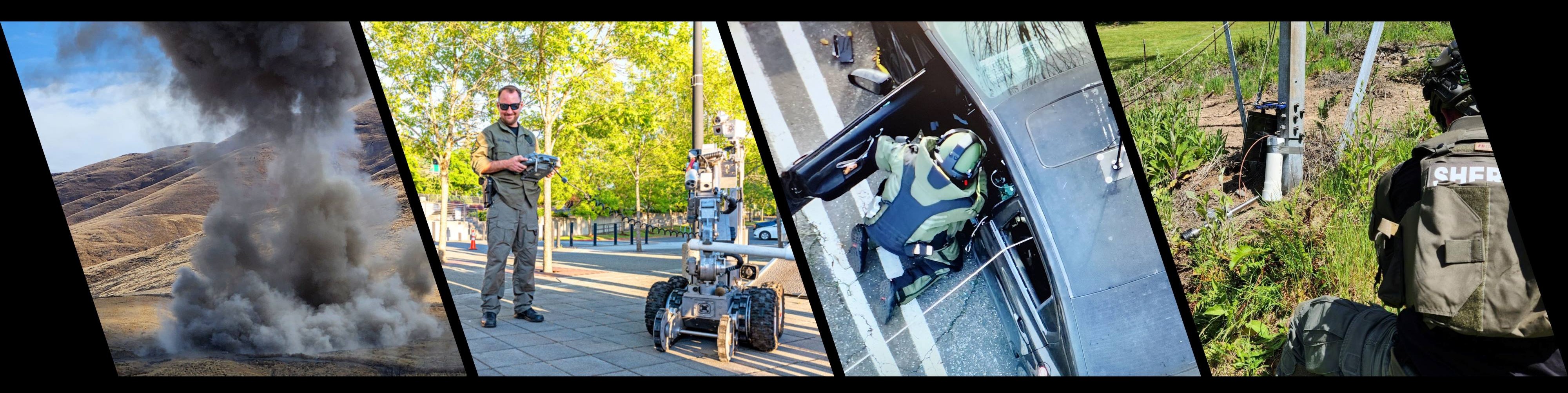 Four‑panel collage showing a detonation of ammo, BDU deputy operating a bomb‑disposal robot, a technician in protective gear working near a vehicle, and a uniformed deputy inspecting equipment.
