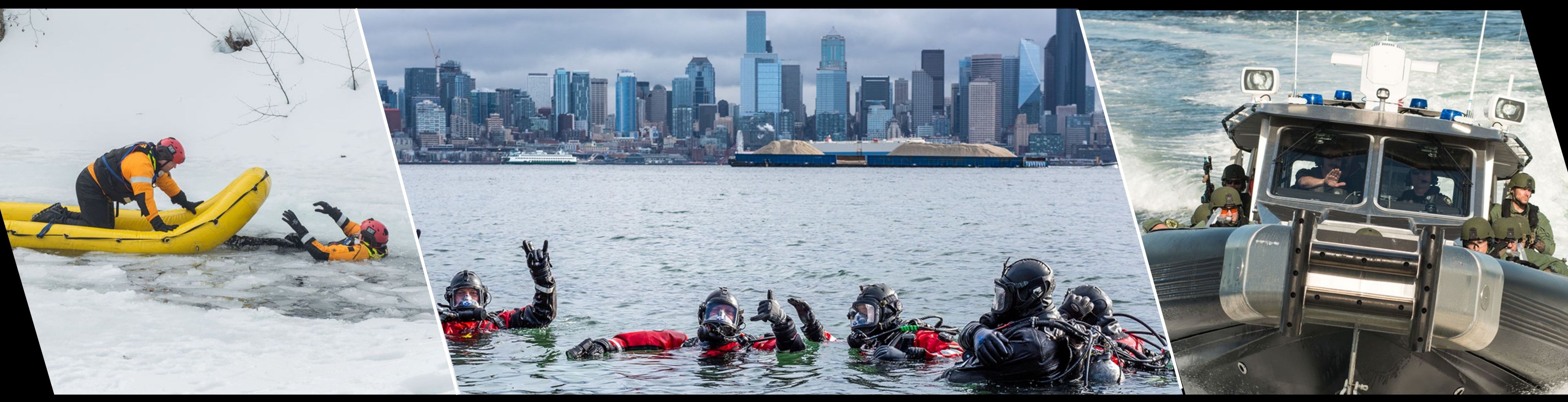 Three‑panel collage showing an ice‑water rescue training, a group of divers in water with Seattle skyline in background, and a patrol boat