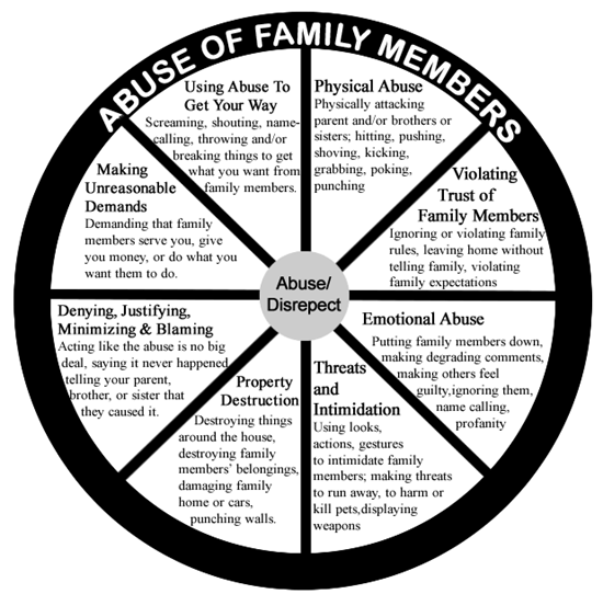 Image of a wheel with 8 abusive behaviors for youth in the Step-Up Program to work on.