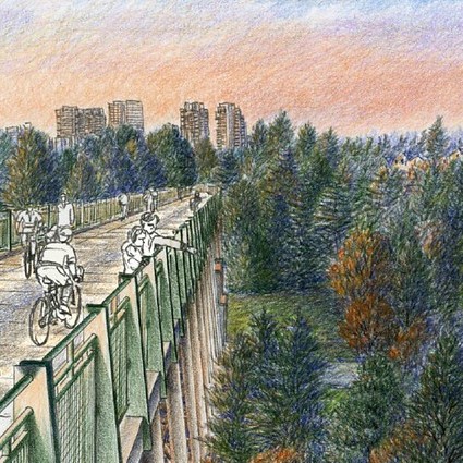 EasTrail design drawing of Wilburton Trestle with people enjoying the trail