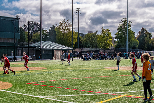 Kids playing soccer at Steve Cox Memorial Park in Seattle, Washington.