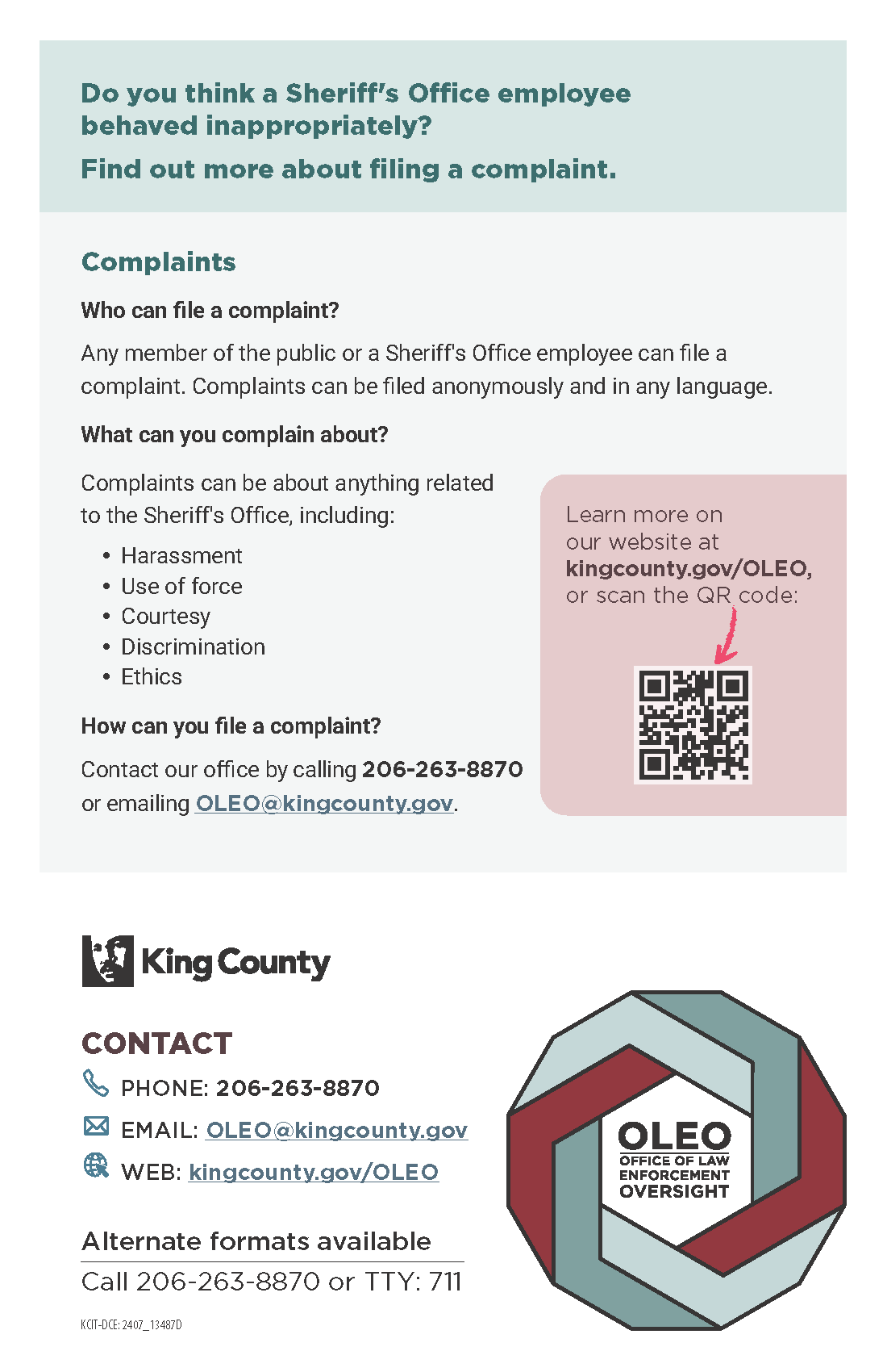 Information on how to file complaint against the King County Sheriff's Office