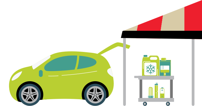 A graphic of a green car with its trunk open and delivering waste at a Wastemobile tent